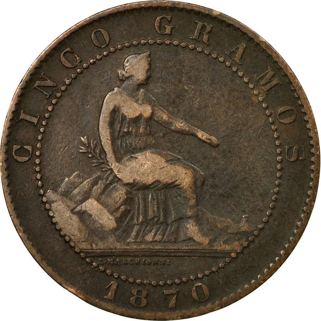 Coin, Spain, Provisional Government, 5 Centimos, 1870, VF(30-35), Copper, KM:662