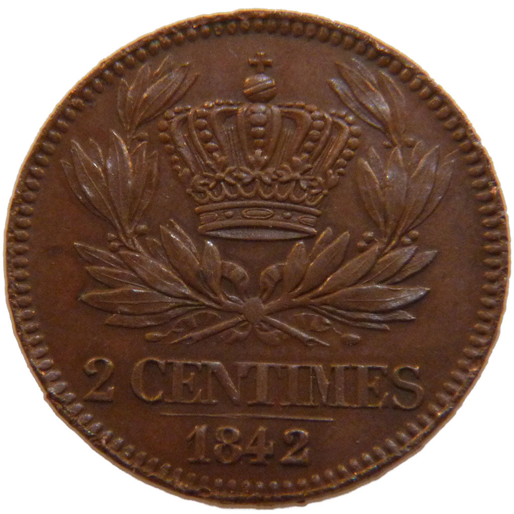 FRANCE, 2 Centimes, 1842, AU(55-58), Bronze, Gadoury #97, 1.00