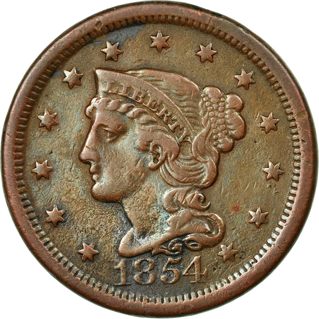 Coin, United States, Braided Hair Cent, Cent, 1854, U.S. Mint, Philadelphia