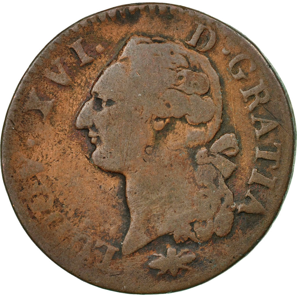 Monnaie, France, Louis XVI, Sol à l'Ecu, 1791, Lyon, B+, Cuivre, Gadoury:350