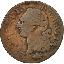 Monnaie, France, Louis XVI, Sol à l'Ecu, 1791, Lyon, B+, Cuivre, Gadoury:350