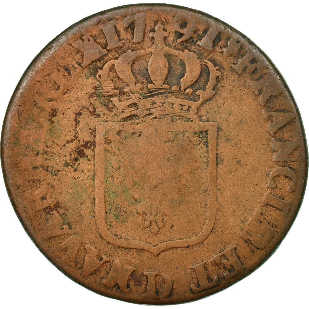 Monnaie, France, Louis XVI, Sol à l'Ecu, 1791, Lyon, B+, Cuivre, Gadoury:350