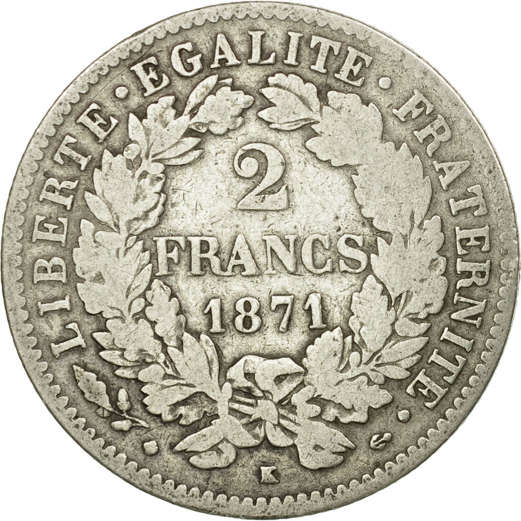 Moneta, Francia, Cérès, 2 Francs, 1871, Bordeaux, MB, Argento, KM:817.2