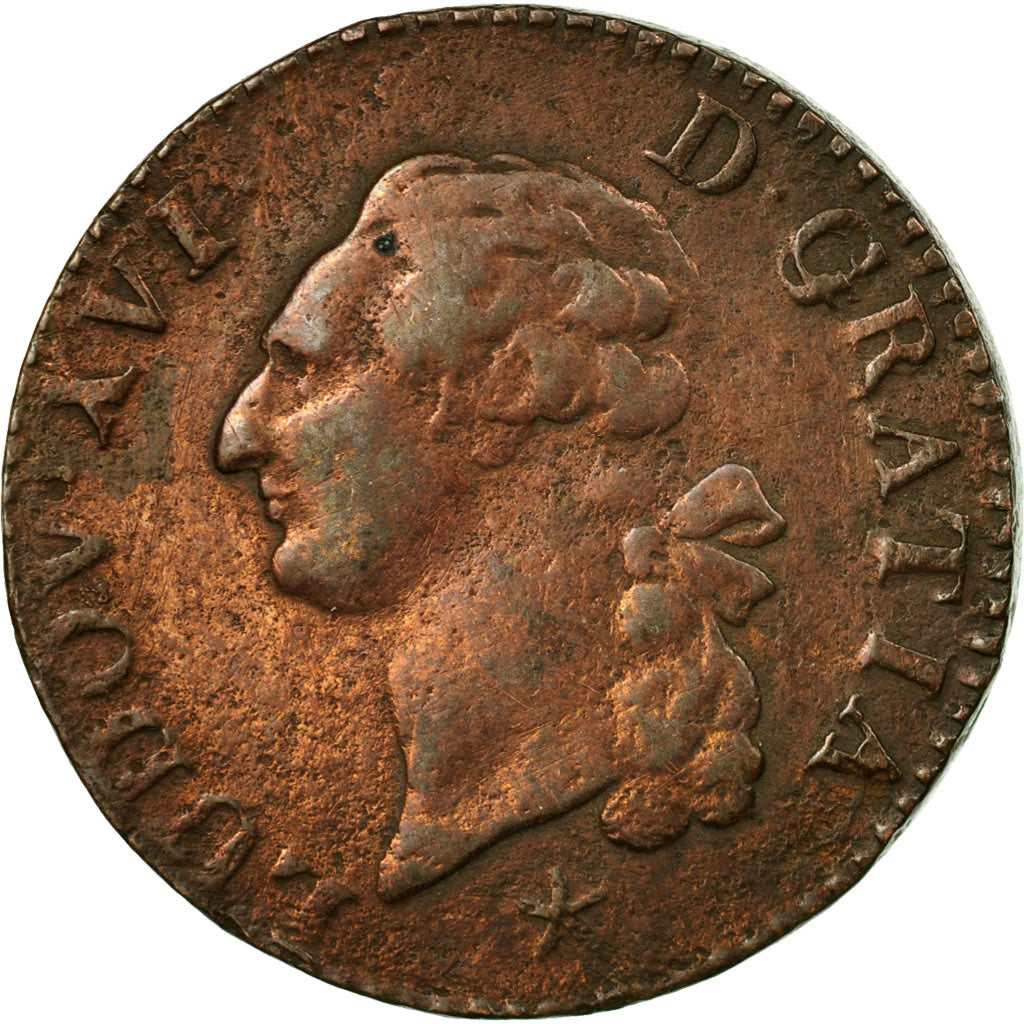 Moneta, Francia, Louis XVI, Sol ou sou, Sol, 1787, Lille, MB+, Rame, KM:578.16
