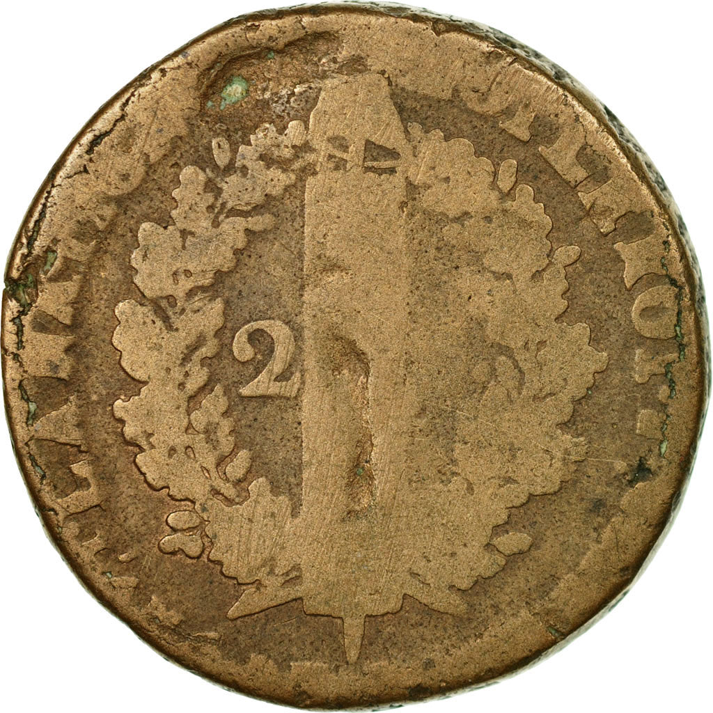 Moneta, Francia, Louis XVI, 2 Sols, 1792, Pau, B, Bronzo, Gadoury:25