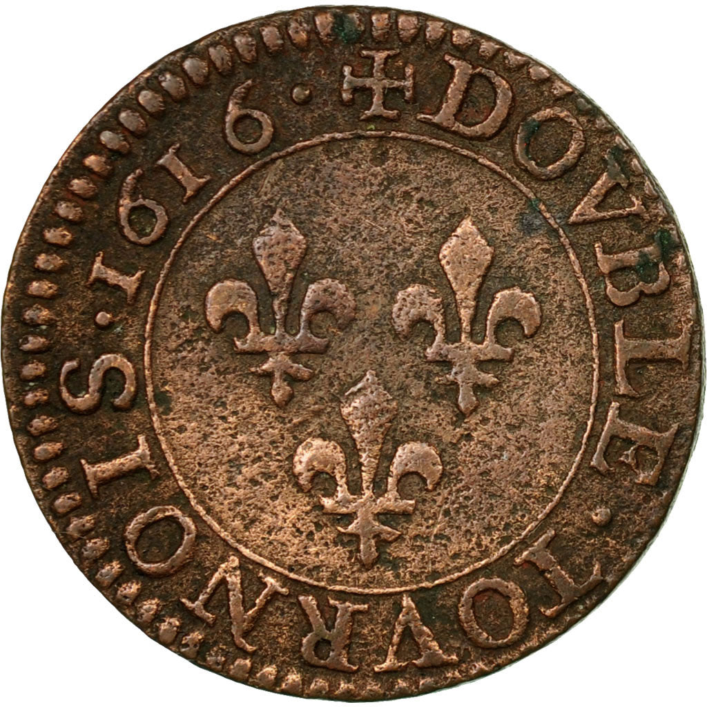 Coin, France, Louis XIII, Double Tournois, 1616, Paris, VF(30-35), Copper
