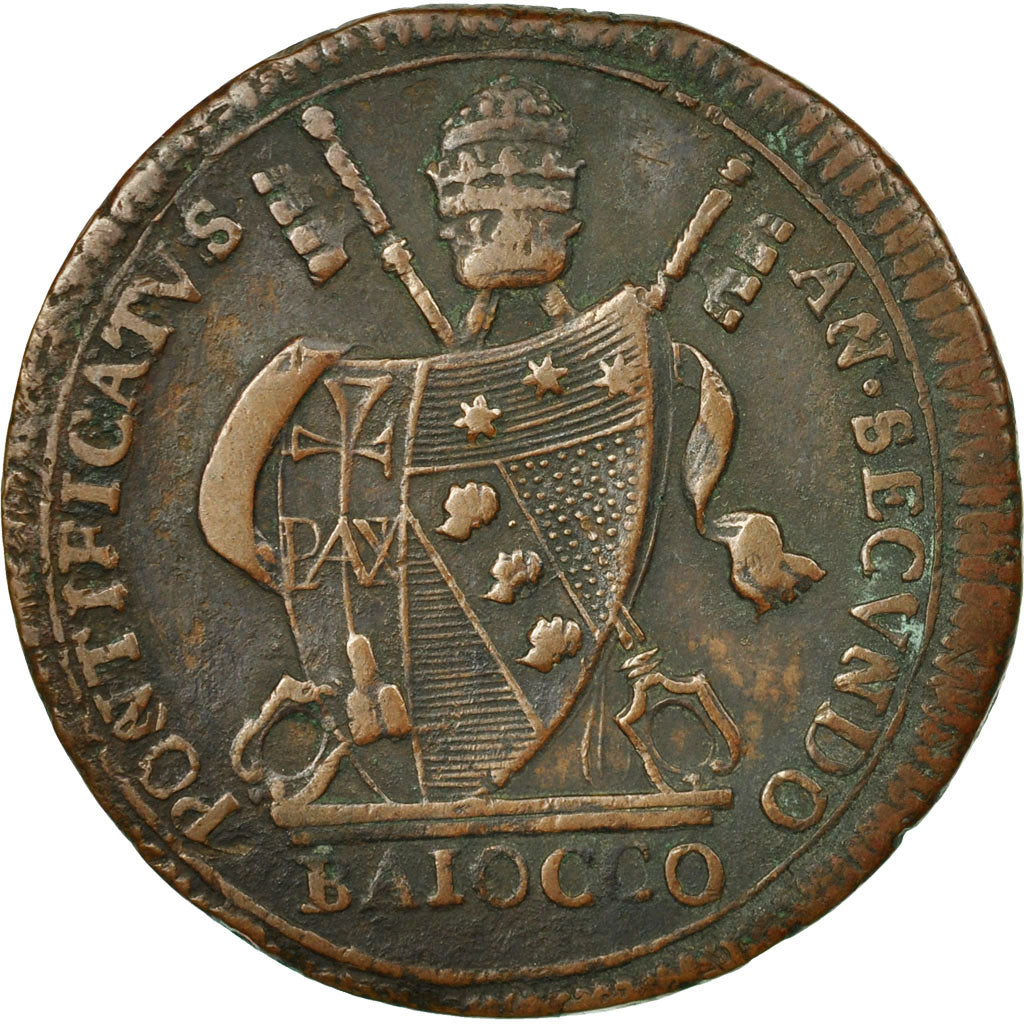 Moneta, DEPARTAMENTY WŁOSKIE, PAPAL STATES, Pius VII, Baiocco, 1802, VF(30-35)
