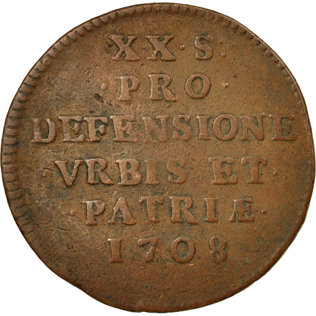 Moneta, Francia, Flanders, 20 Sols, 1708, Lille, MB+, Rame, Boudeau:2313
