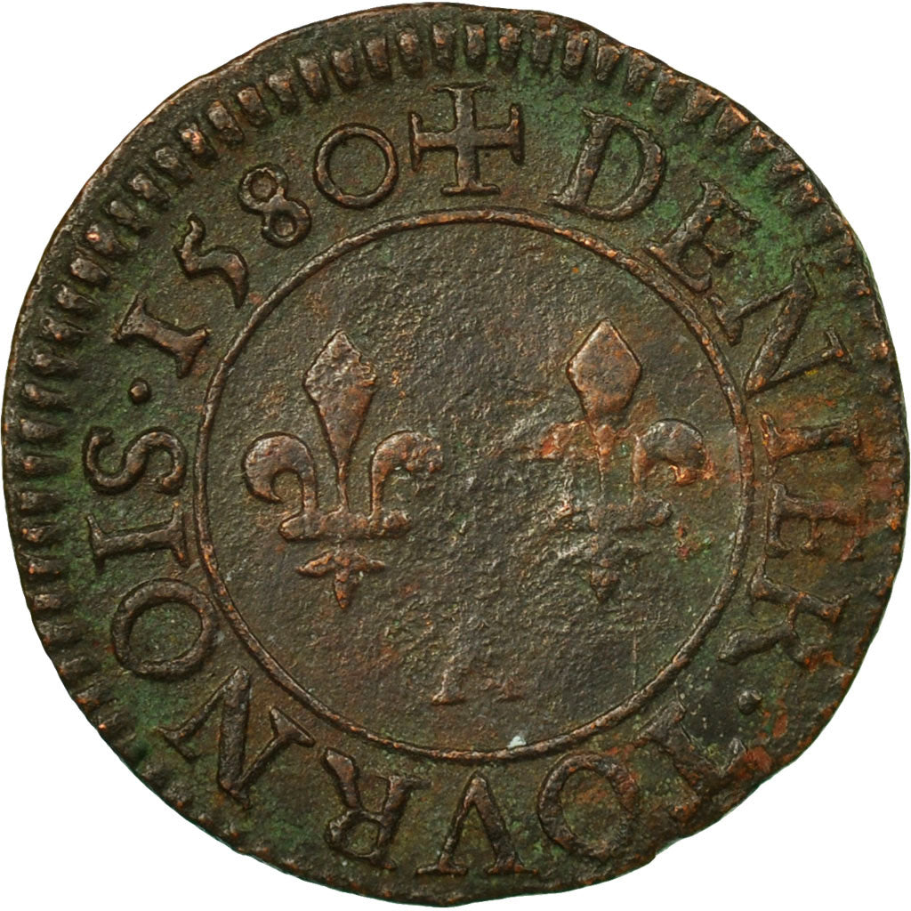 Coin, France, Henri III, Denier Tournois, 1580, Paris, VF(20-25), Copper