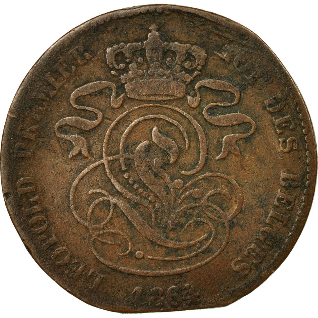 Moneda, Bélgica, Leopold I, 2 Centimes, 1864, BC+, Cobre, KM:4.2