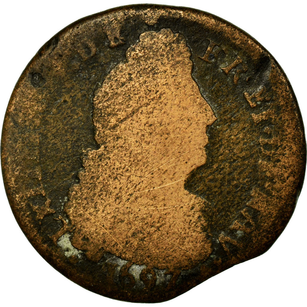 Coin, France, Louis XIV, Liard de France, 1697, Rennes, VG(8-10), Copper