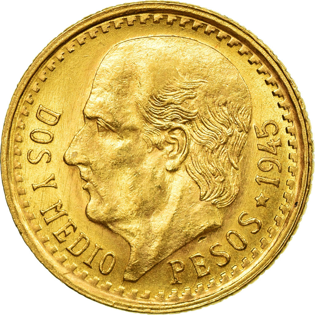 Coin, Mexico, 2-1/2 Pesos, 1945, Mexico City, MS(63), Gold, KM:463
