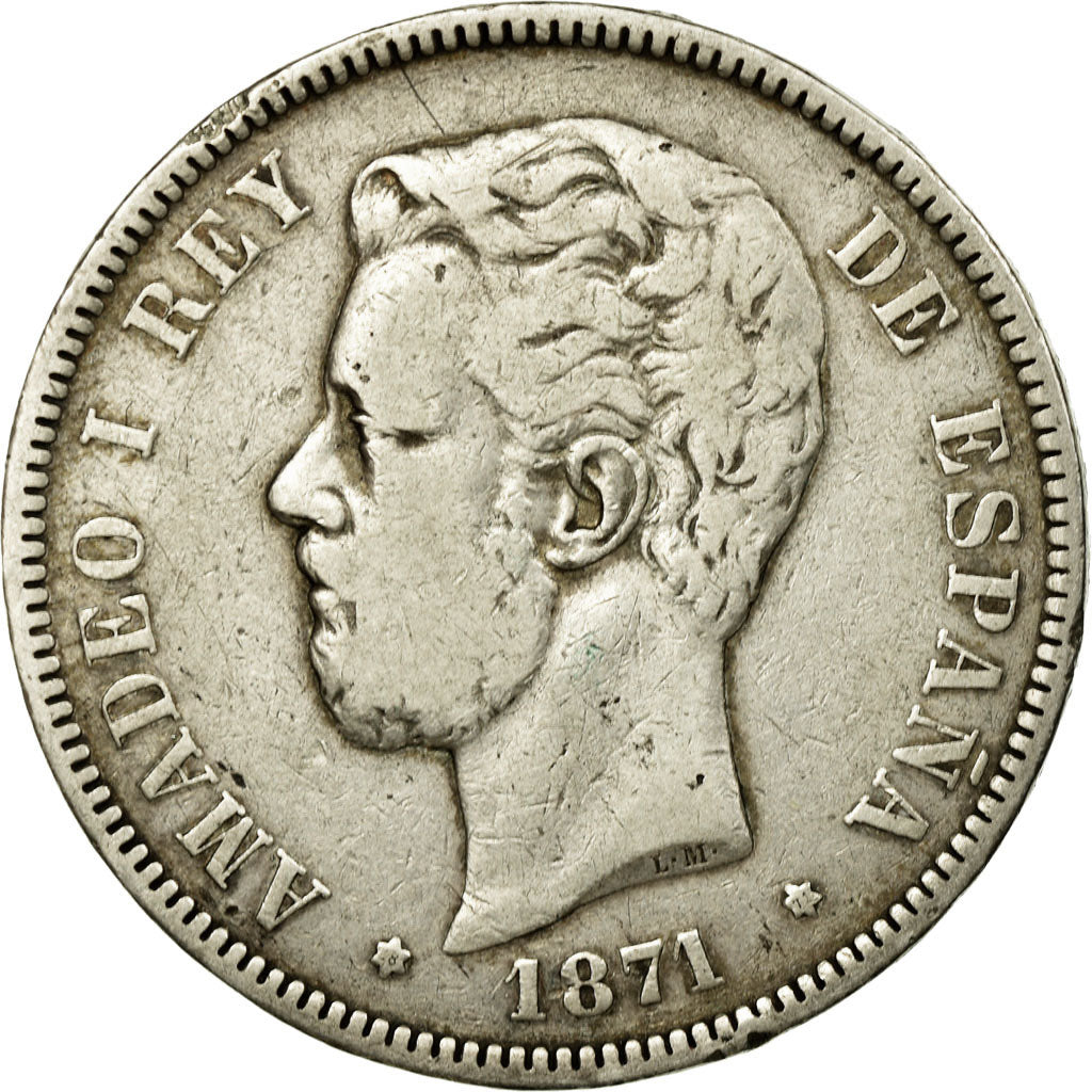 Moneta, Spagna, Amadeao I, 5 Pesetas, 1871, Madrid, MB+, Argento, KM:666