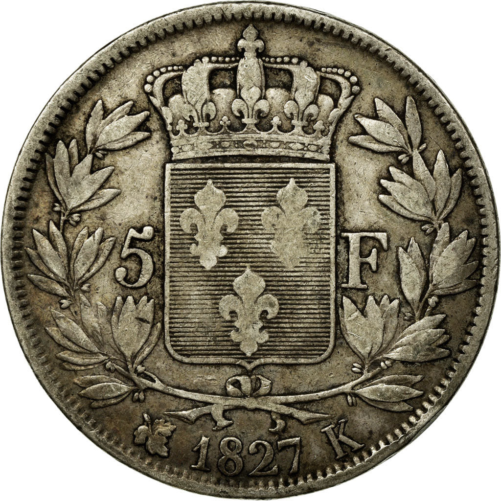 Coin, France, Charles X, 5 Francs, 1827, Bordeaux, VF(30-35), Silver, KM:728.7
