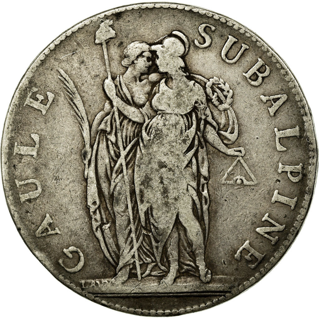 Coin, ITALIAN STATES, PIEDMONT REPUBLIC, 5 Francs, An 10, VF(20-25), Silver