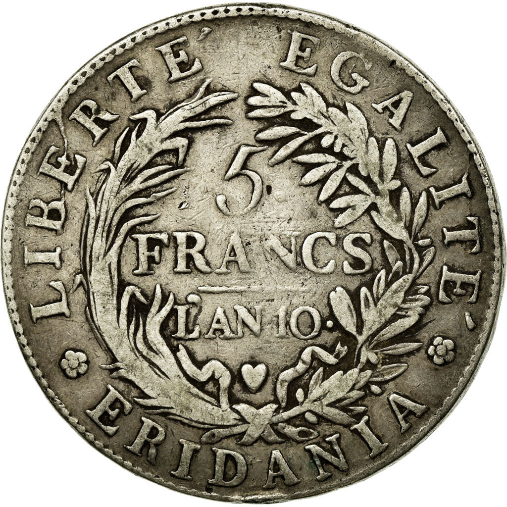 Coin, ITALIAN STATES, PIEDMONT REPUBLIC, 5 Francs, An 10, VF(20-25), Silver