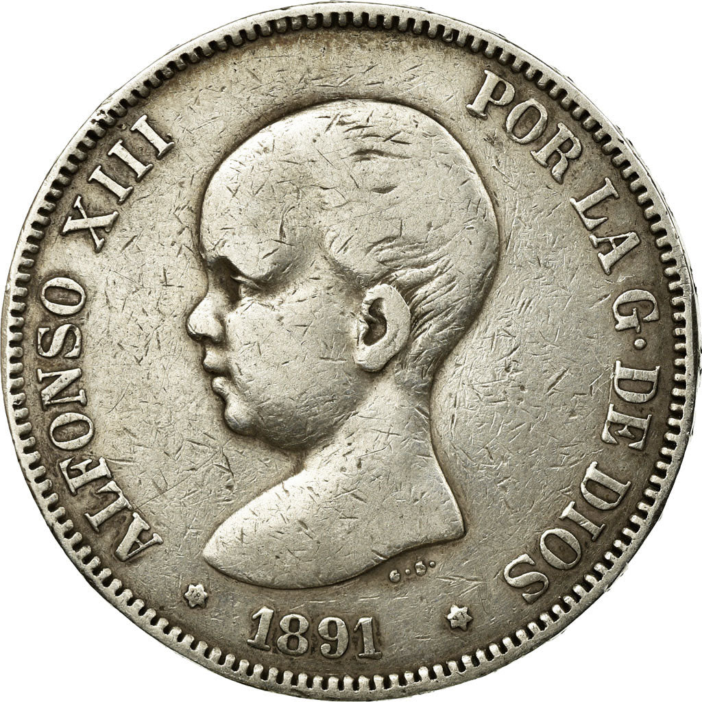 Coin, Spain, Alfonso XIII, 5 Pesetas, 1891, VF(20-25), Silver, KM:689