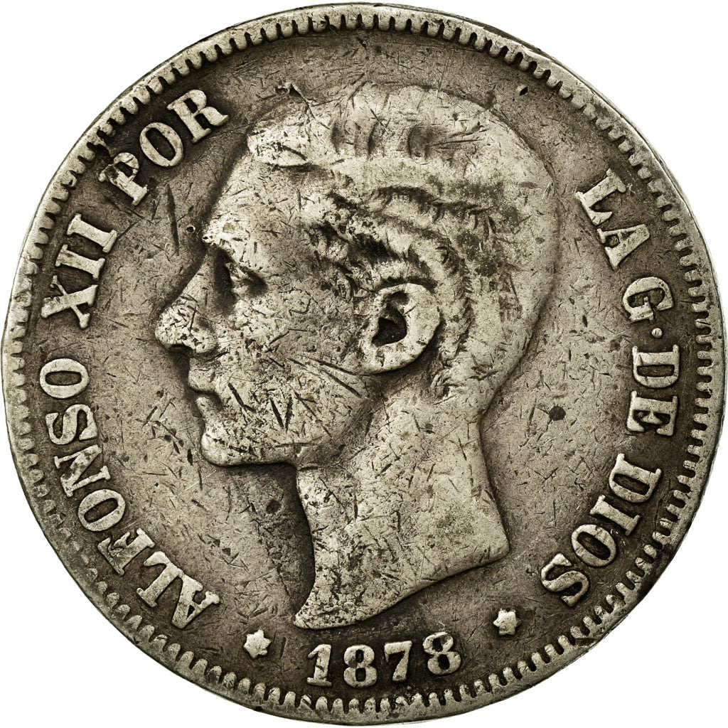 Moneda, España, Alfonso XII, 5 Pesetas, 1878, BC+, Plata, KM:676