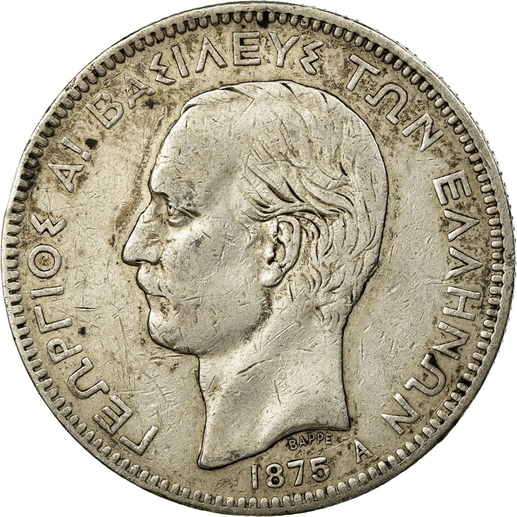 Coin, Greece, George I, 5 Drachmai, 1875, Paris, EF(40-45), Silver, KM:46