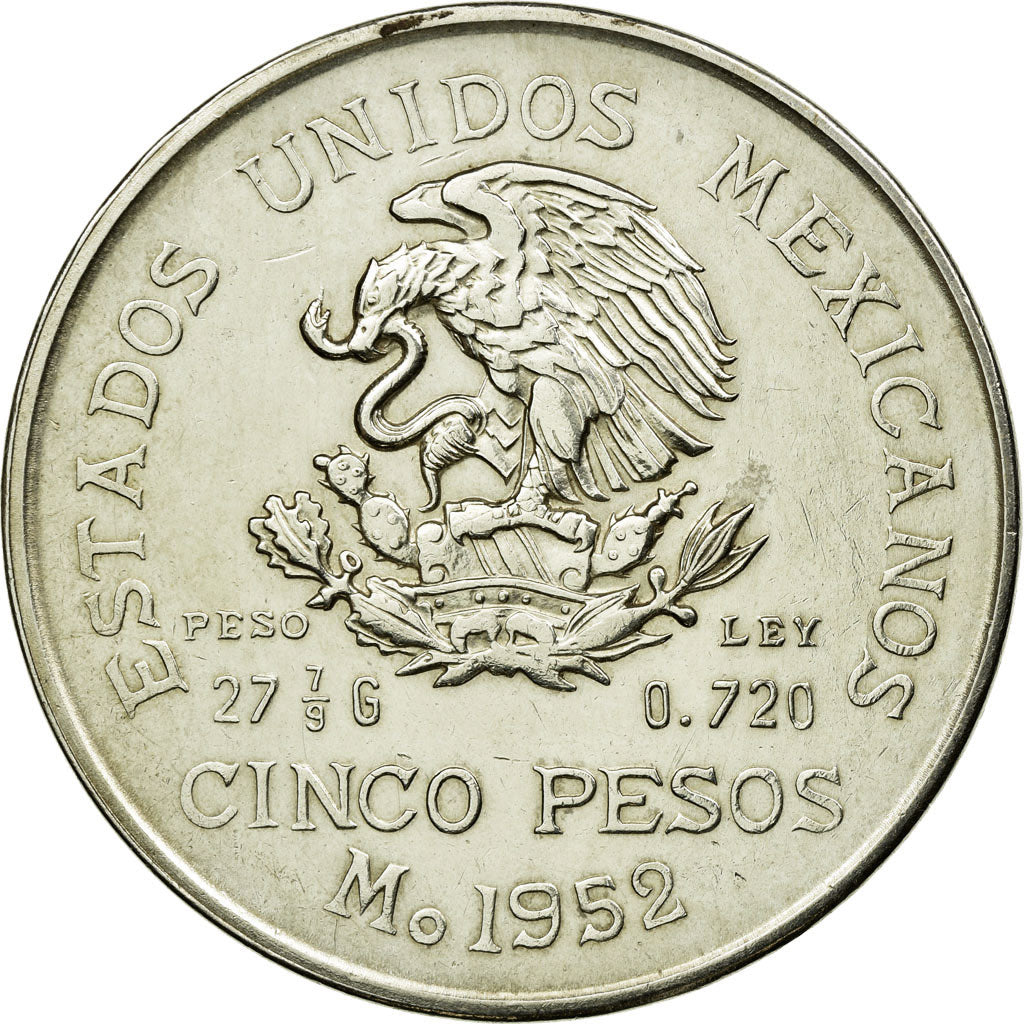 Coin, Mexico, 5 Pesos, 1952, Mexico City, AU(50-53), Silver, KM:467