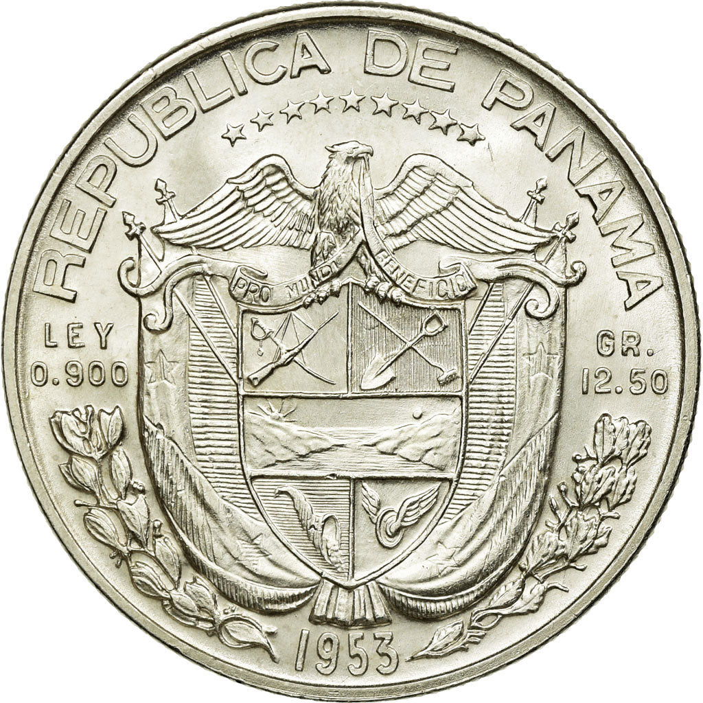 Coin, Panama, 1/2 Balboa, 1953, MS(63), Silver, KM:20