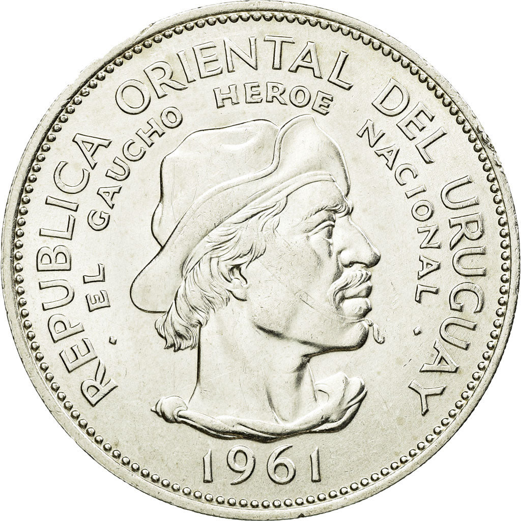 Moeda, Uruguai, 10 Pesos, 1961, MS(63), Prata, KM:43