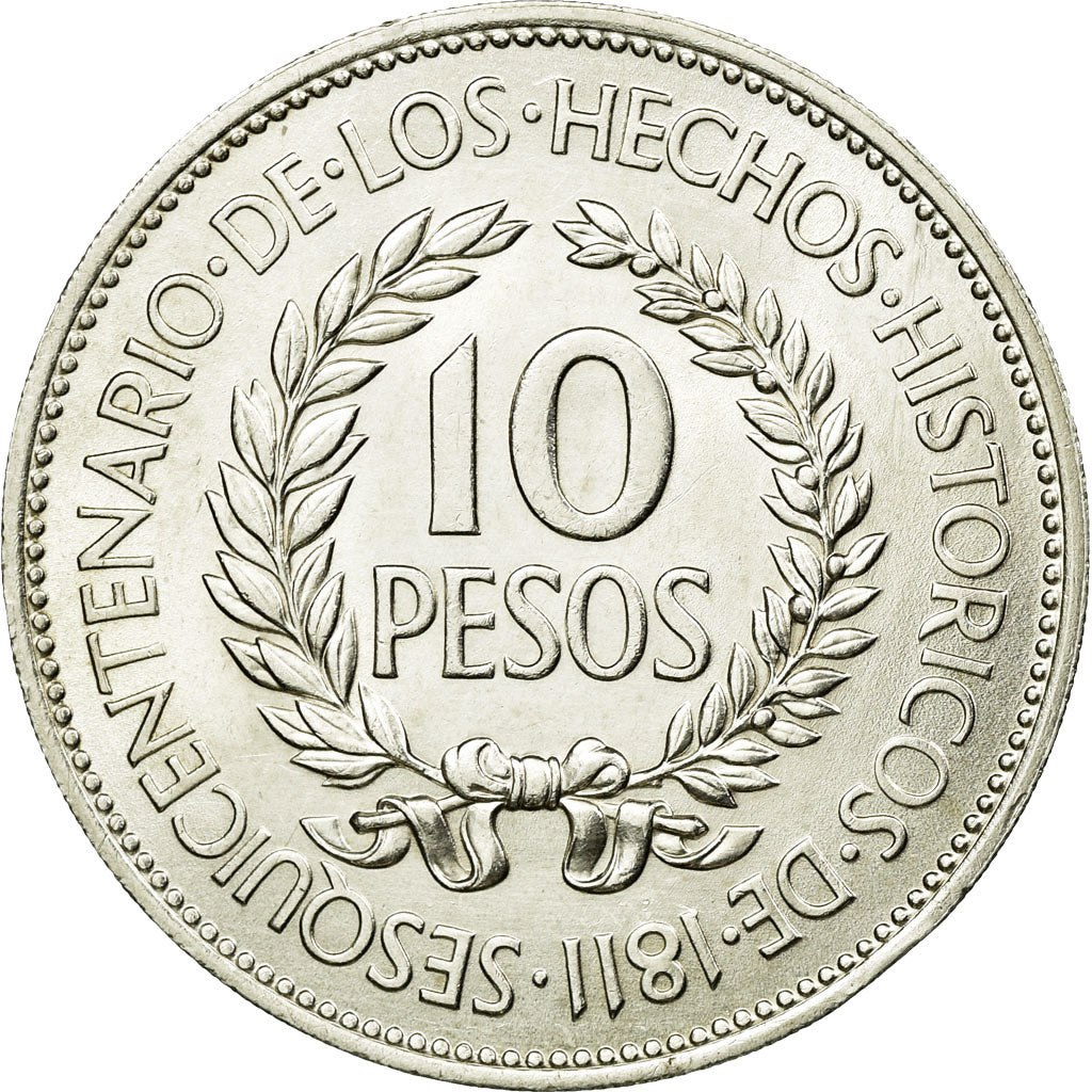Moeda, Uruguai, 10 Pesos, 1961, MS(63), Prata, KM:43