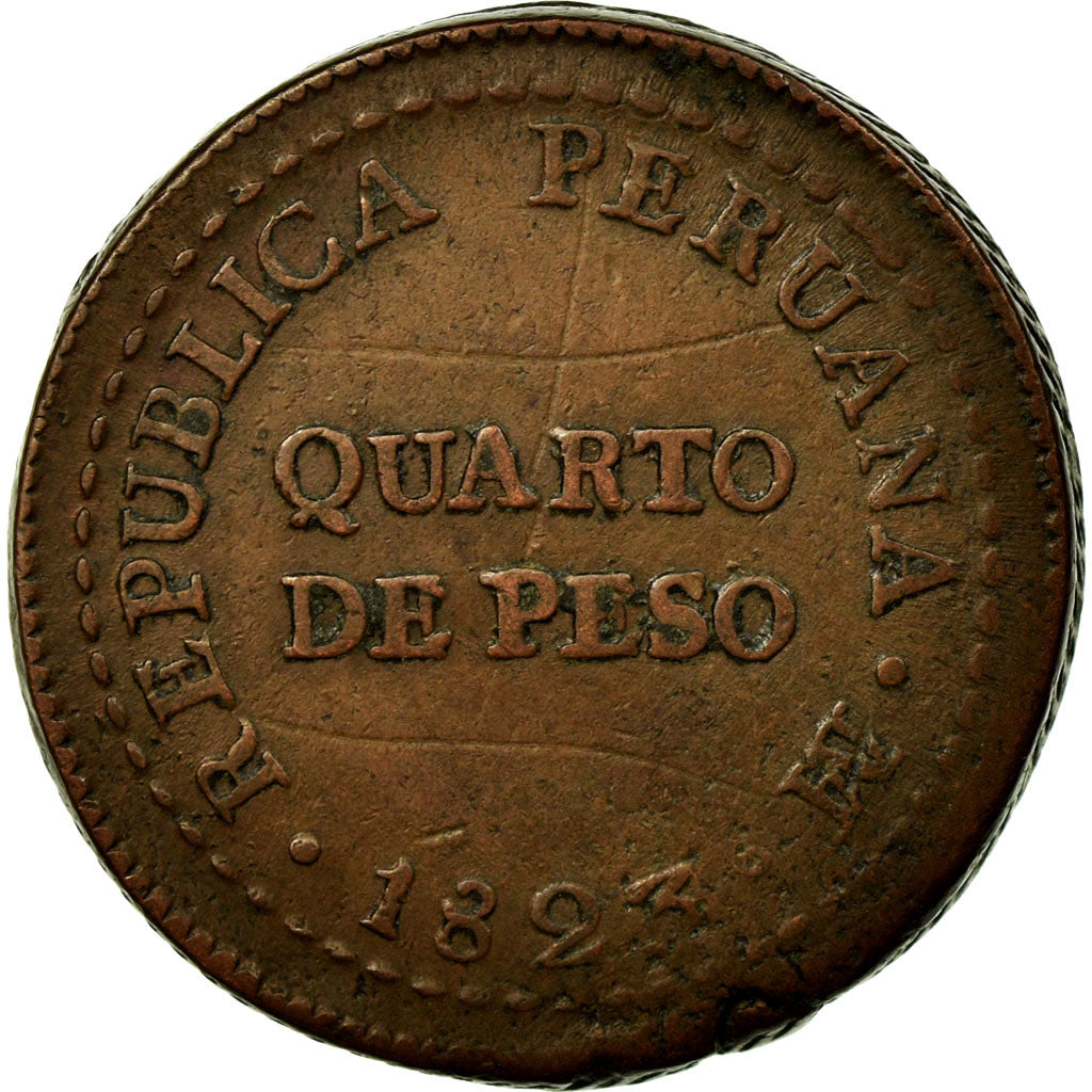 Moeda, Peru, 1/4 Peso, Quarto De; 2 Reales, 1823, Lima, VF(20-25), Cobre, KM:138