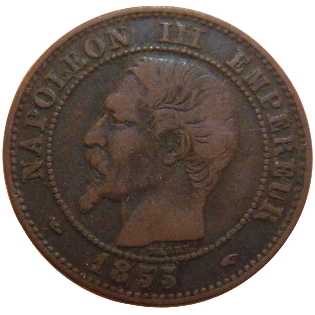 FRANCE, 2 Centimes, 1855, Paris, VF(30-35), Bronze, Gadoury #103, 2.00