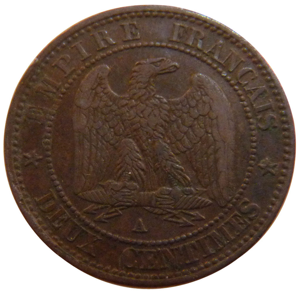 FRANCE, 2 Centimes, 1855, Paris, VF(30-35), Bronze, Gadoury #103, 2.00