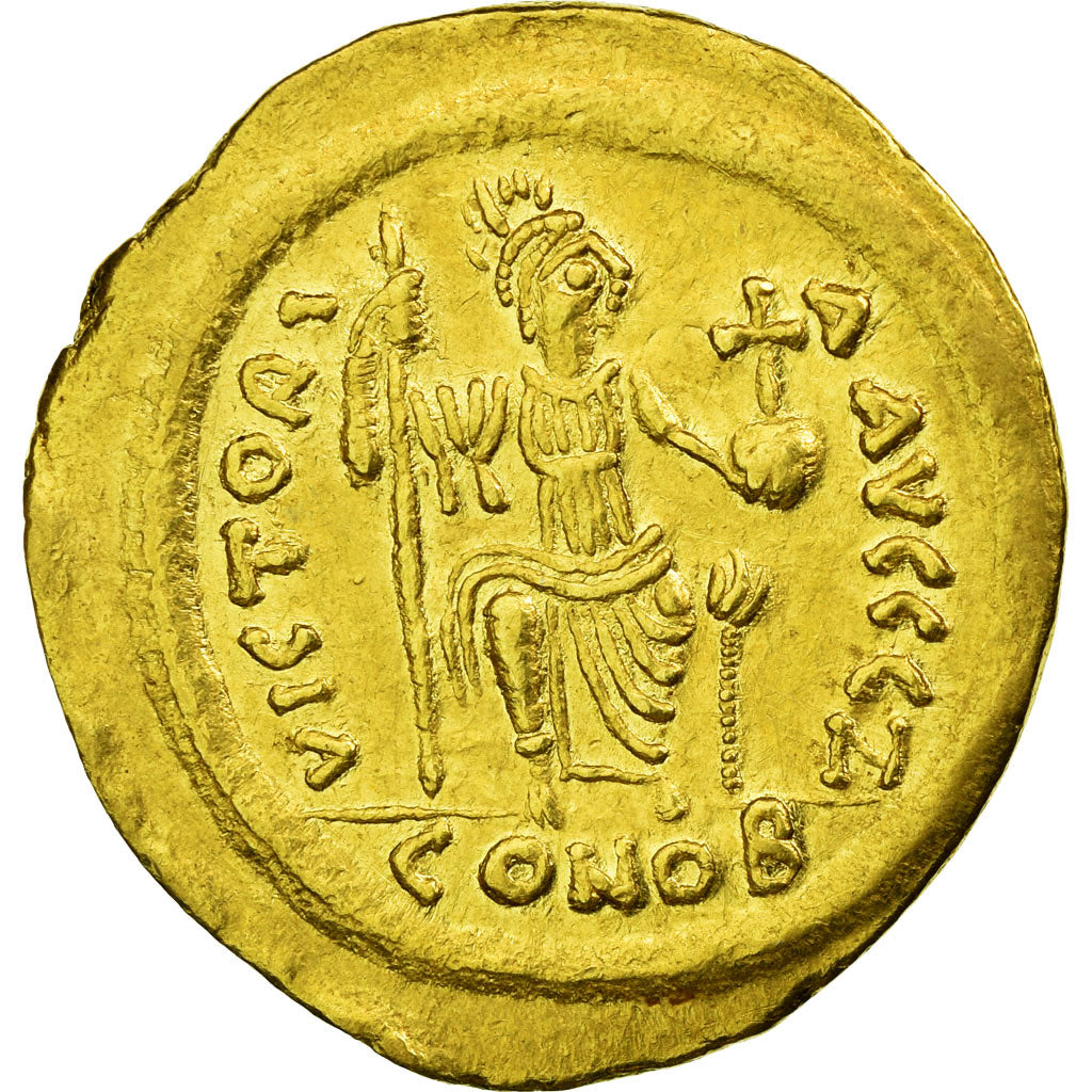 Coin, Justin II, Solidus, 565-578 AD, Constantinople, AU(55-58), Gold, Sear:345