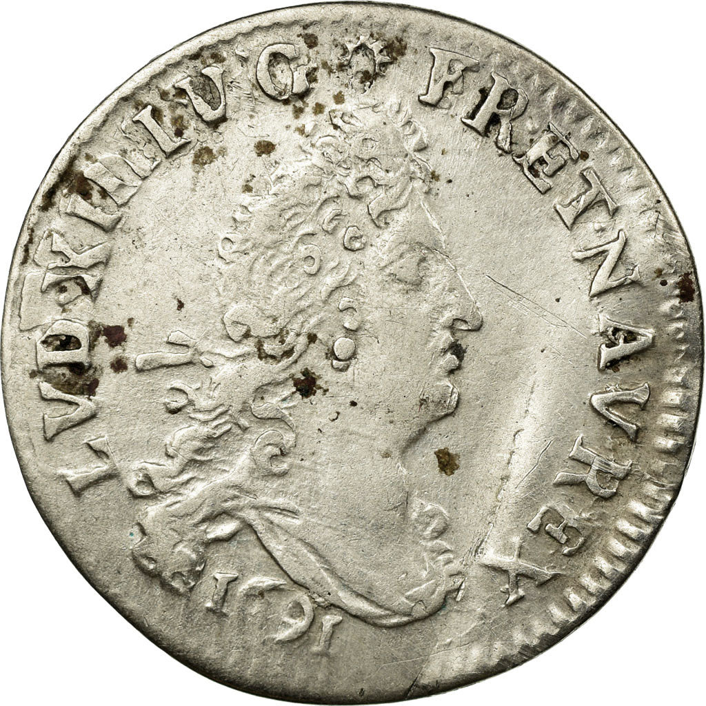 Coin, France, Louis XIV, 4 Sols aux 2 L, 1691, Lyon, EF(40-45), Silver