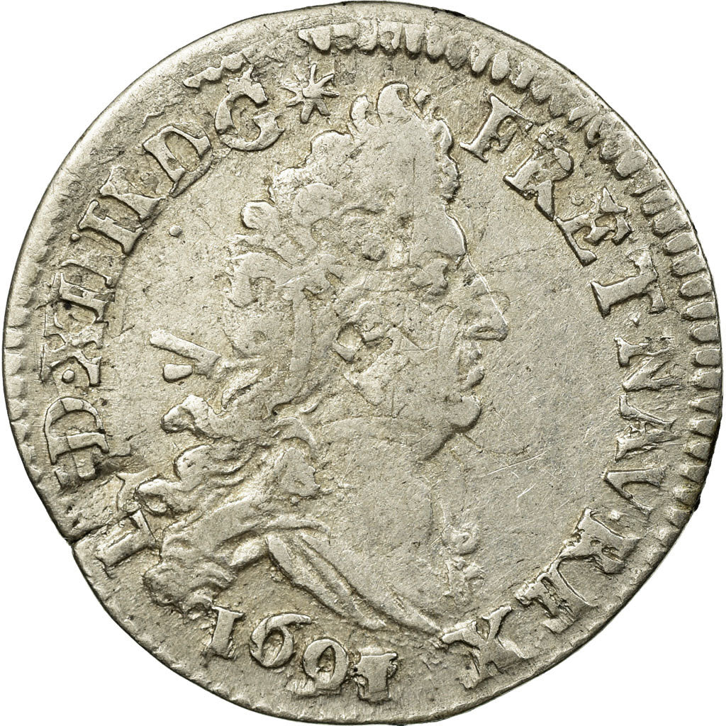 Moneda, Francia, Louis XIV, 4 Sols aux 2 L, 1691, Paris, BC+, Plata, Gadoury:106