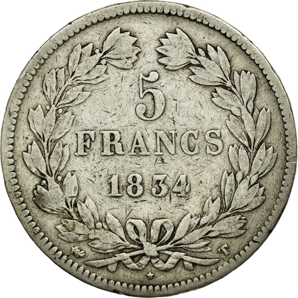 Moneta, Francia, Louis-Philippe, 5 Francs, 1834, Nantes, MB, Argento, KM:749.12