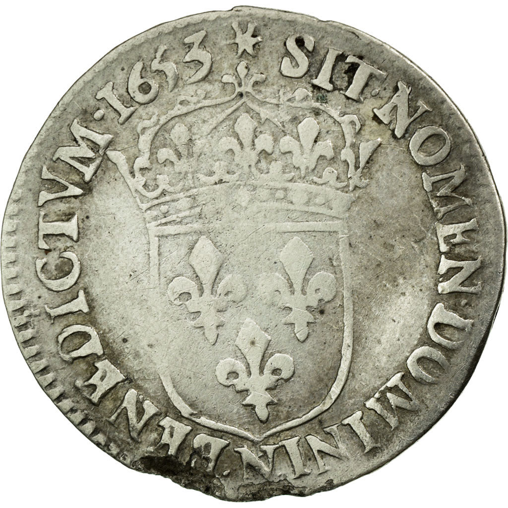 Moneta, Francia, Louis XIV, 1/12 Ecu à la mèche longue, 1653, Montpellier, MB