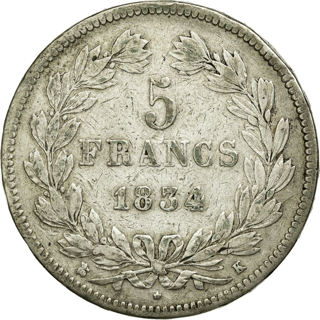 Monnaie, France, Louis-Philippe, 5 Francs, 1834, Bordeaux, TB, Argent