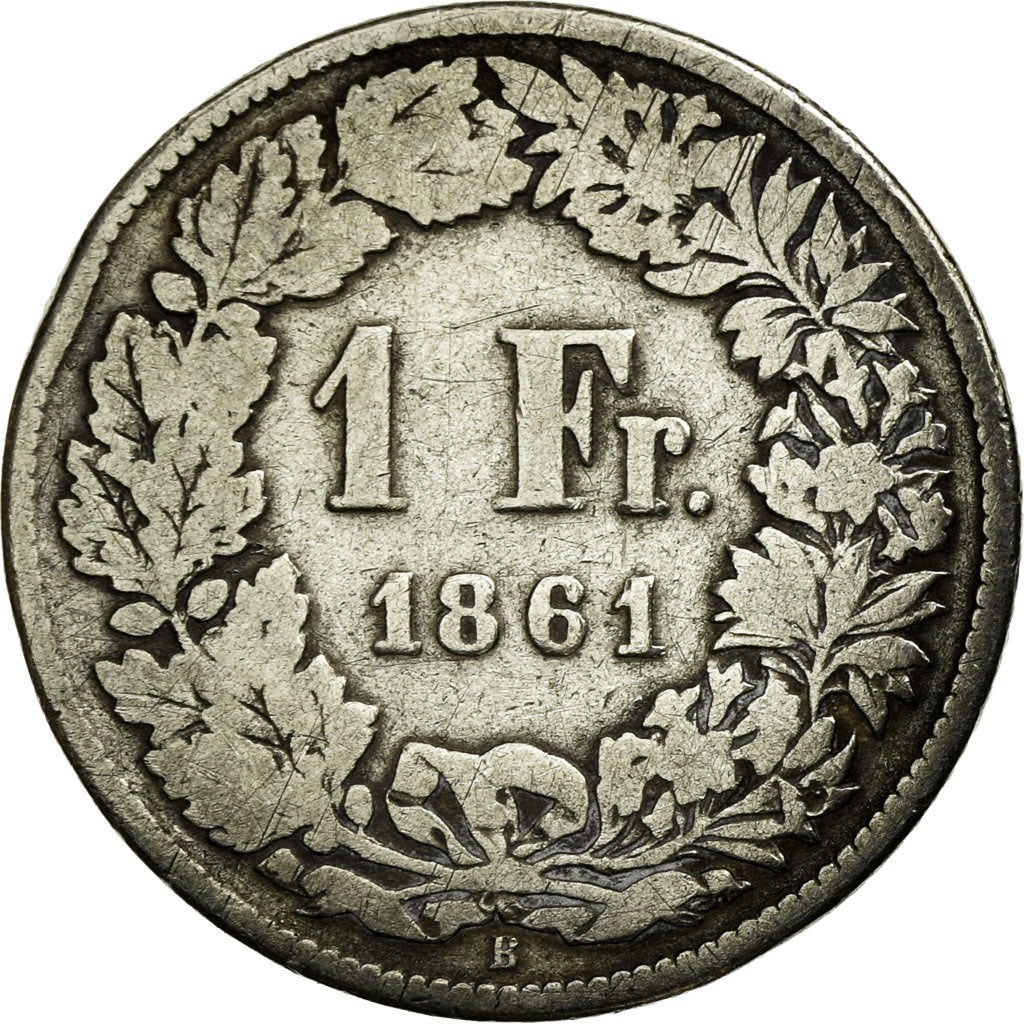 Moeda, Suíça, Franc, 1861, Bern, VG(8-10), Prata, KM:9a
