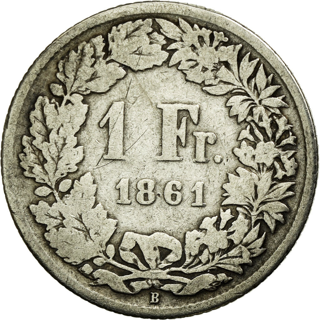 Moeda, Suíça, Franc, 1861, Bern, VG(8-10), Prata, KM:9a