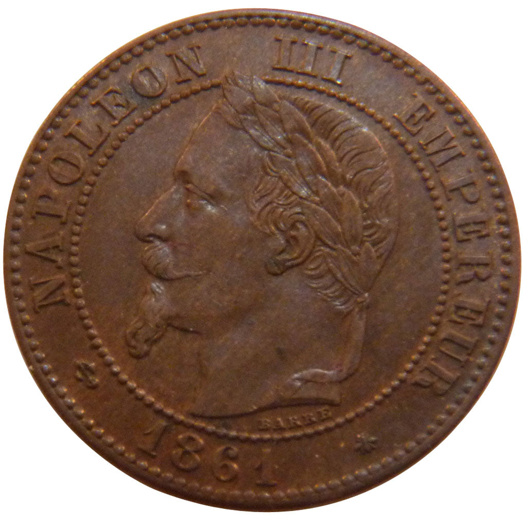 FRANCE, Napoléon III, 2 Centimes, 1861, Paris, KM #796.4, AU(55-58), Bronze, G..