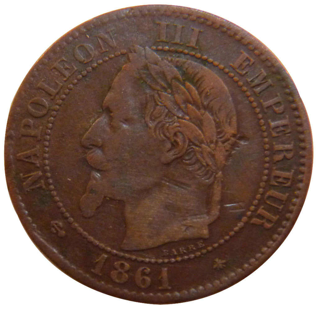 FRANCE, 2 Centimes, 1861, Paris, VF(30-35), Bronze, Gadoury #104, 2.00