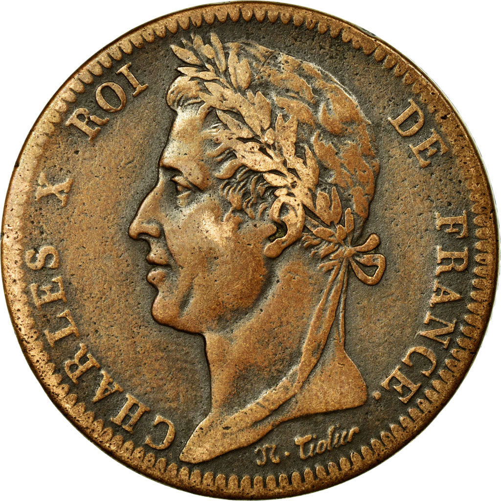 Coin, FRENCH COLONIES, Charles X, 10 Centimes, 1828, Paris, VF(30-35), Bronze