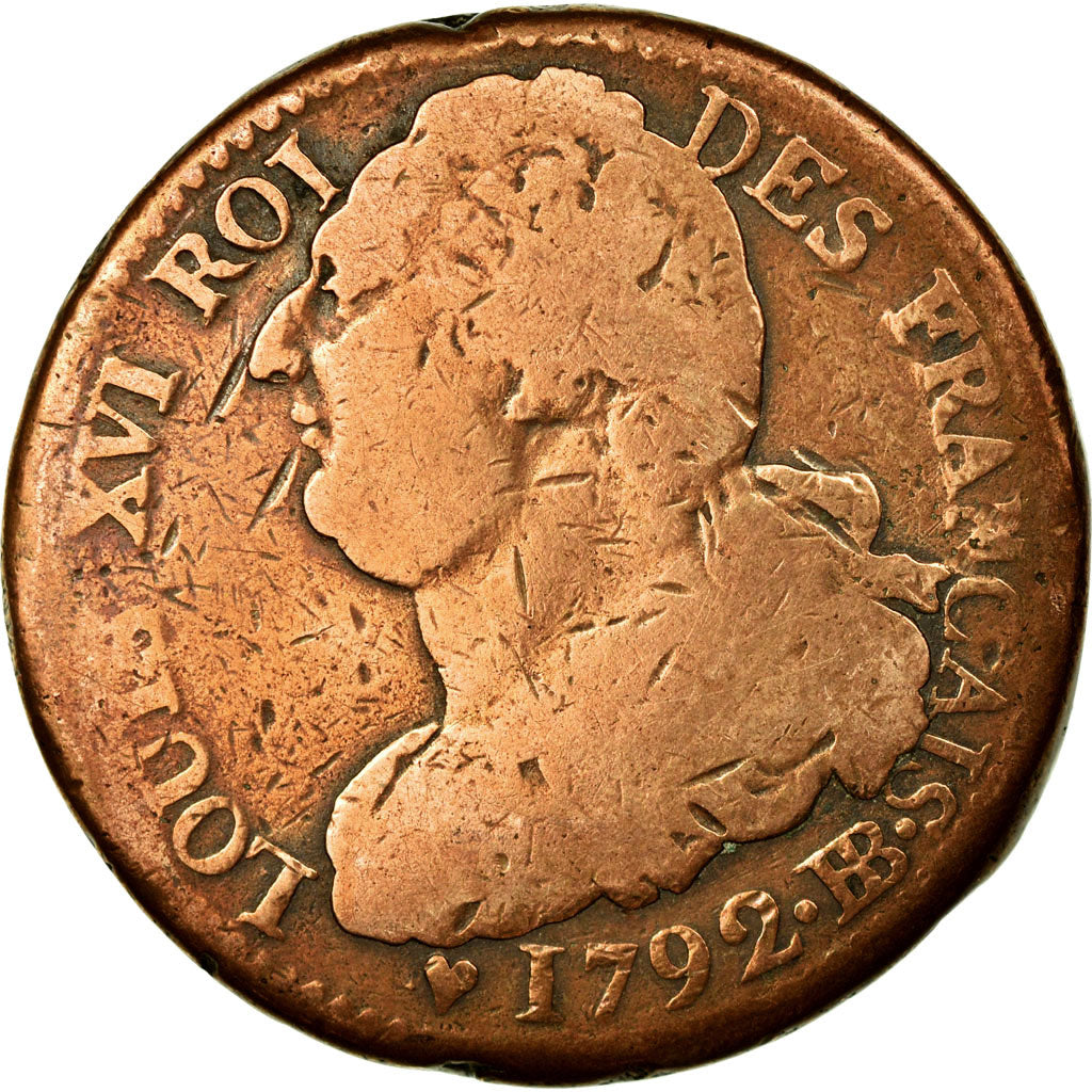 Coin, France, Louis XVI, 2 Sols, 1792, Strasbourg, F(12-15), Bronze, Gadoury:24