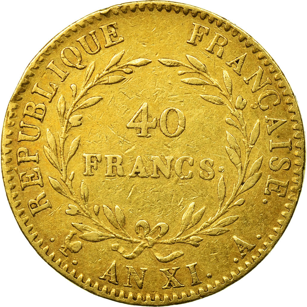 Moeda, França, Napoléon I, 40 Francs, An XI, Paris, VF(30-35), Dourado