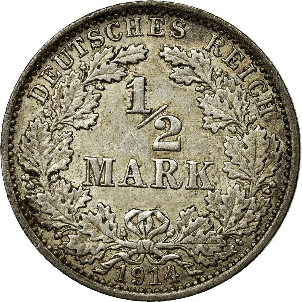 Moneta, GERMANIA - IMPERO, 1/2 Mark, 1914, Berlin, BB+, Argento, KM:17