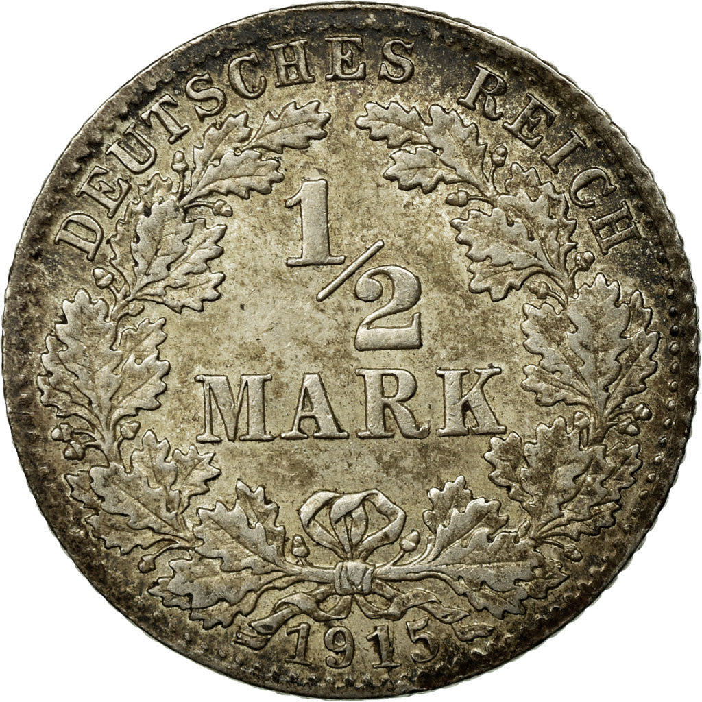 Coin, GERMANY - EMPIRE, 1/2 Mark, 1915, Munich, AU(50-53), Silver, KM:17