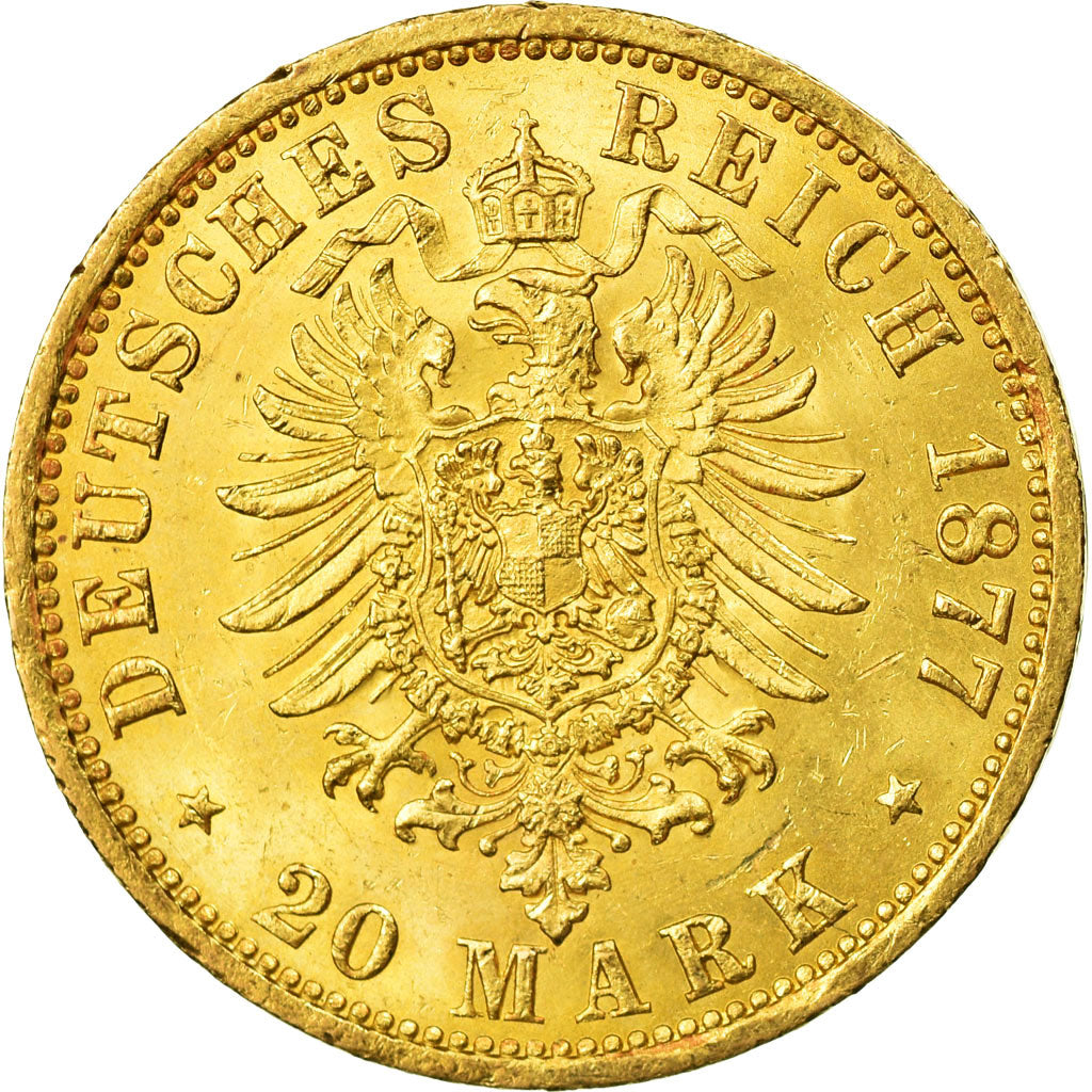 Coin, German States, HAMBURG, 20 Mark, 1877, Hamburg, MS(64), Gold, KM:602