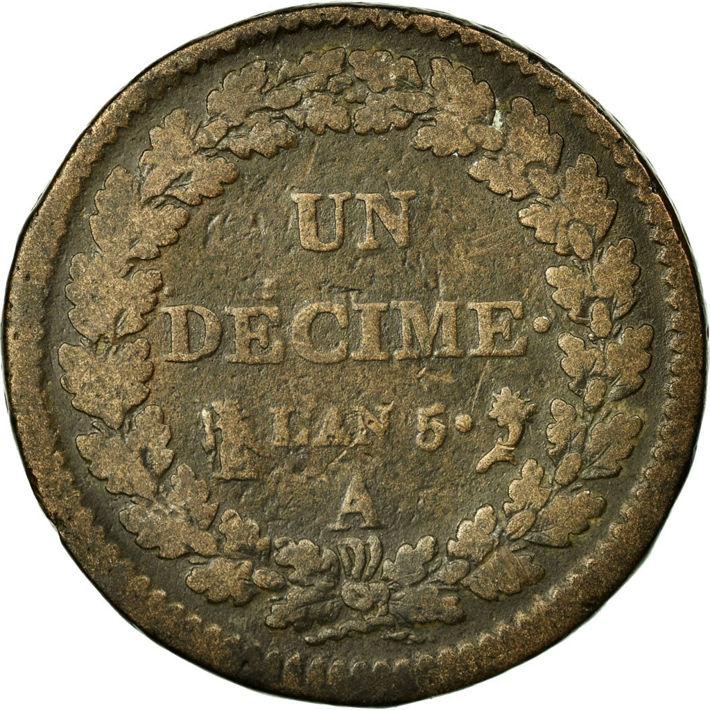 Moneta, Francja, Dupré, Decime, AN 5, Paris, VF(20-25), Bronze, KM:644.1