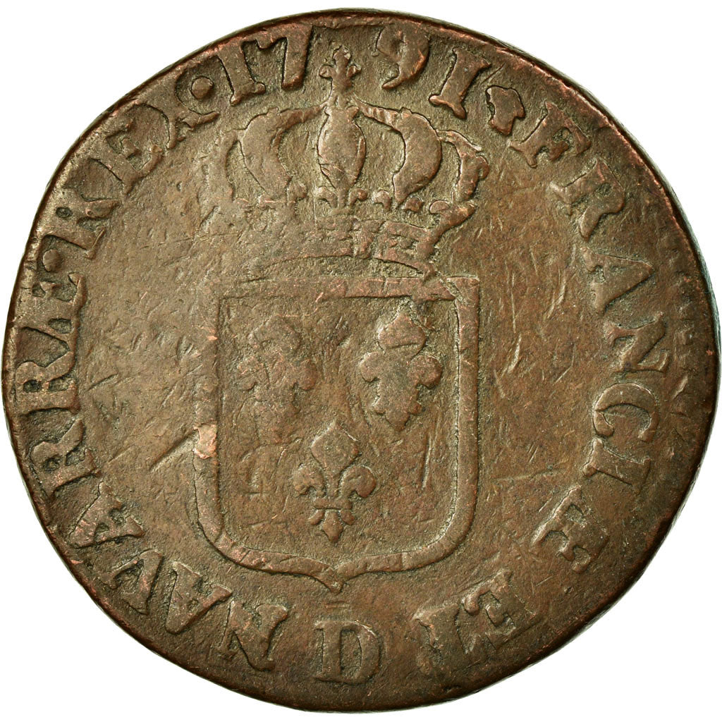 Coin, France, Louis XVI, Sol à l'Ecu, 1791, Lyon, VF(20-25), Copper