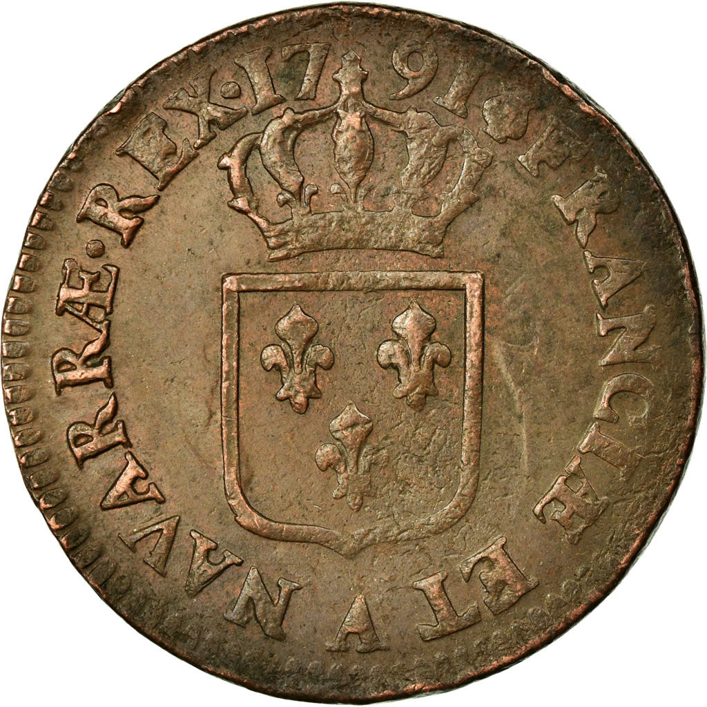 Monnaie, France, Louis XVI, Sol à l'Ecu, 1791, Paris, TTB, Cuivre, Gadoury:350