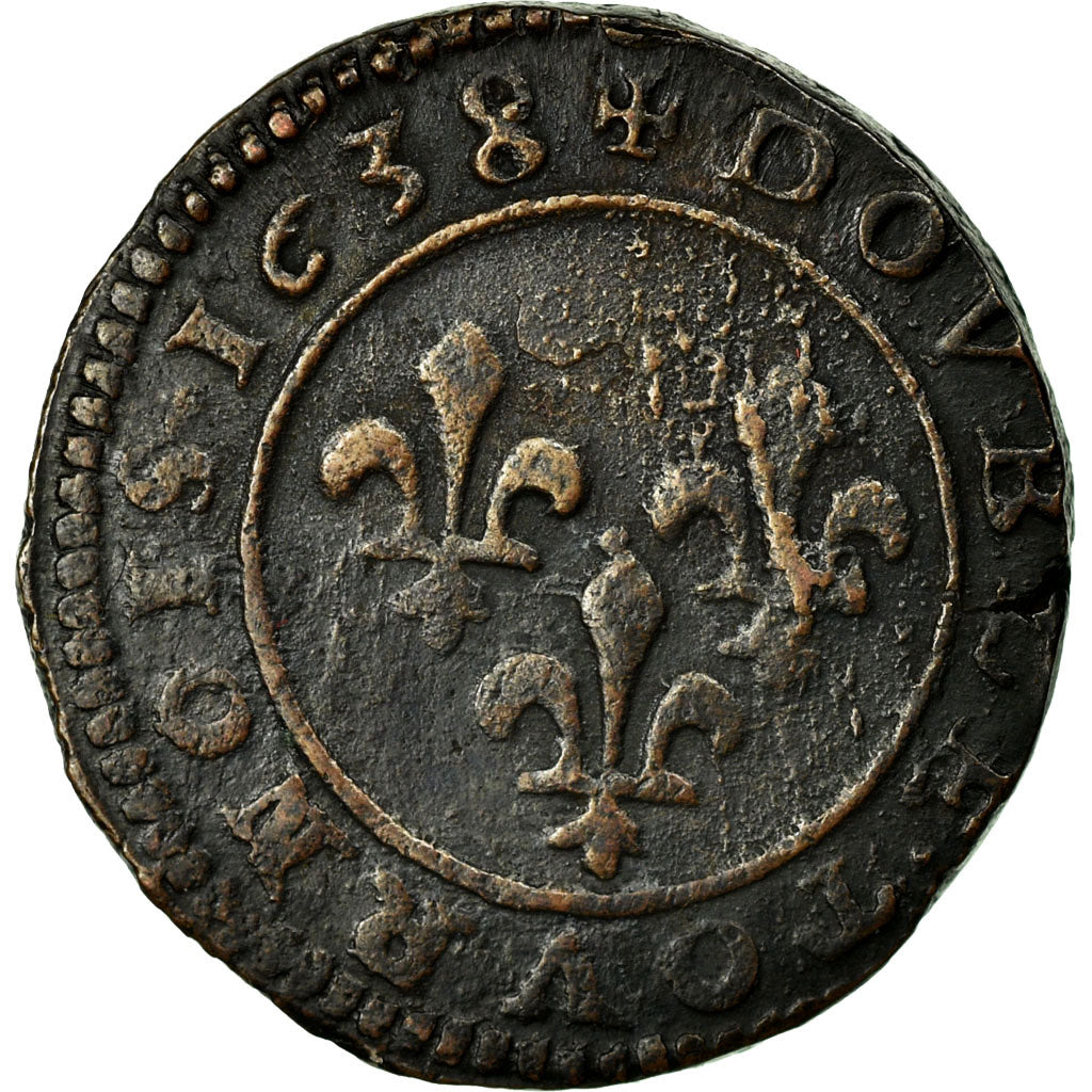 Moeda, França, Louis XIII, Double Tournois, 1638, Vallée du Rhône, EF(40-45)
